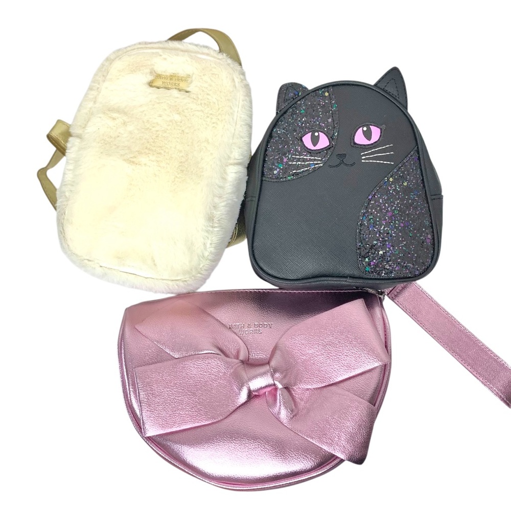 BATH & BODYWORKS Furry Cream Backpack, Glitter Cat Backpack, Pink Bow Clutch